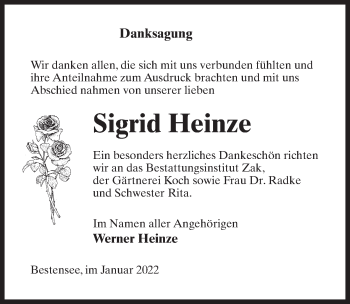 Traueranzeige von Sigrid Heinze von Märkischen Allgemeine Zeitung