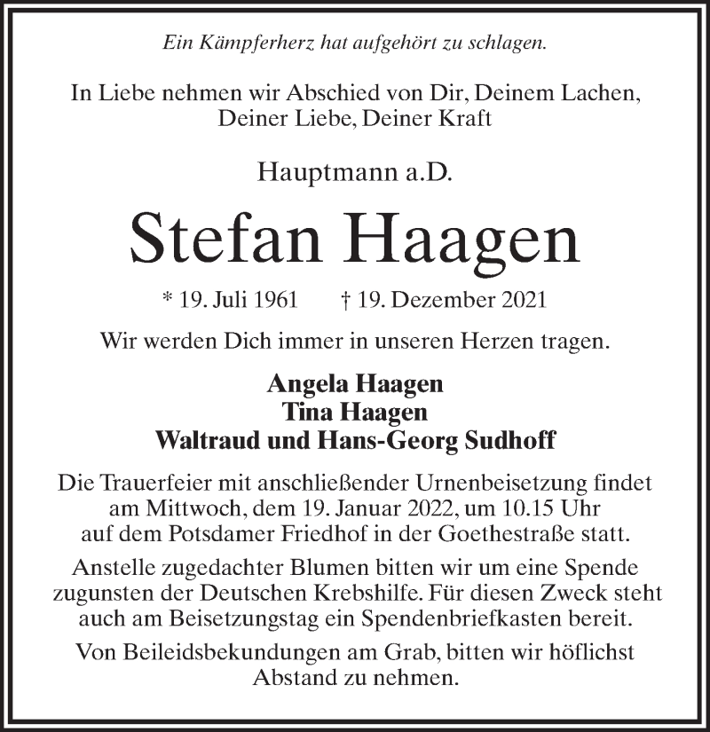  Traueranzeige für Stefan Haagen vom 08.01.2022 aus Märkischen Allgemeine Zeitung
