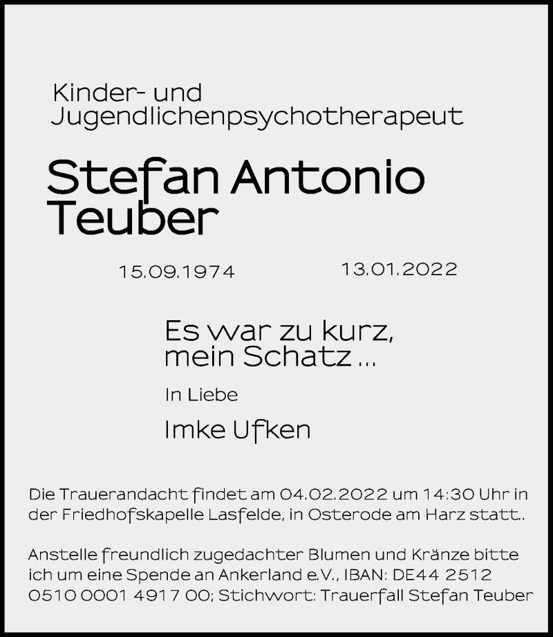  Traueranzeige für Stefan Antonio Teuber vom 29.01.2022 aus Hannoversche Allgemeine Zeitung/Neue Presse