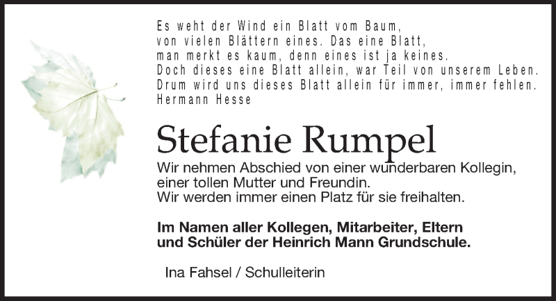  Traueranzeige für Stefanie Rumpel vom 15.01.2022 aus Leipziger Volkszeitung