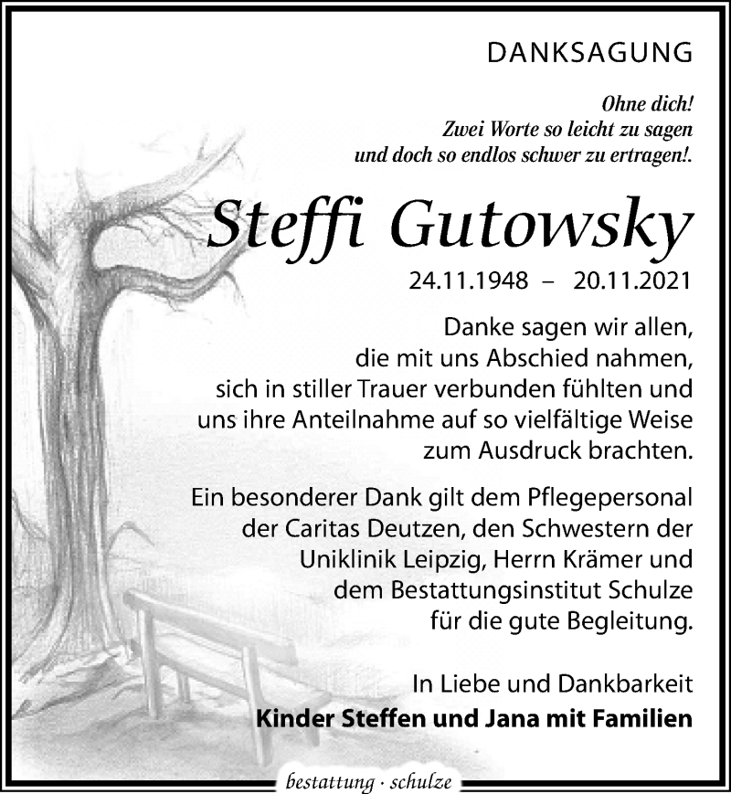  Traueranzeige für Steffi Gutowsky vom 08.01.2022 aus Leipziger Volkszeitung
