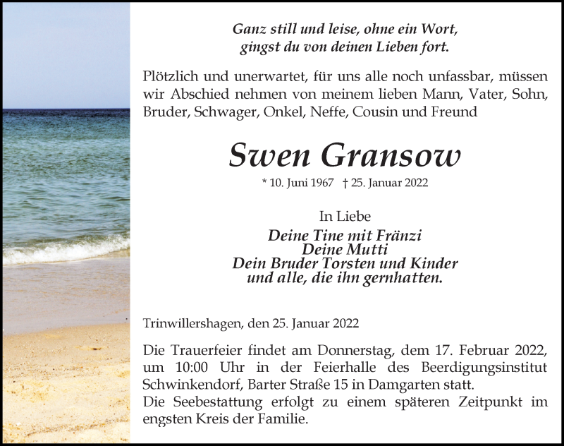  Traueranzeige für Swen Gransow vom 29.01.2022 aus Ostsee-Zeitung GmbH