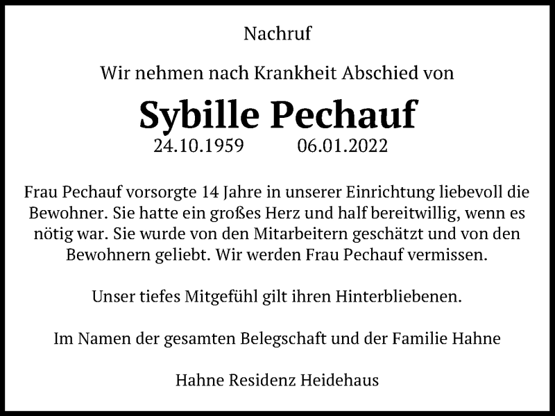  Traueranzeige für Sybille Pechauf vom 10.01.2022 aus Hannoversche Allgemeine Zeitung/Neue Presse