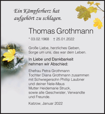 Traueranzeige von Thomas Grothmann von Ostsee-Zeitung GmbH