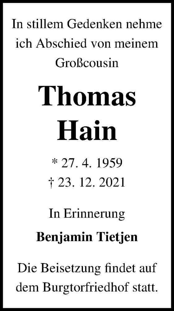 Traueranzeige für Thomas Hain vom 01.01.2022 aus Lübecker Nachrichten
