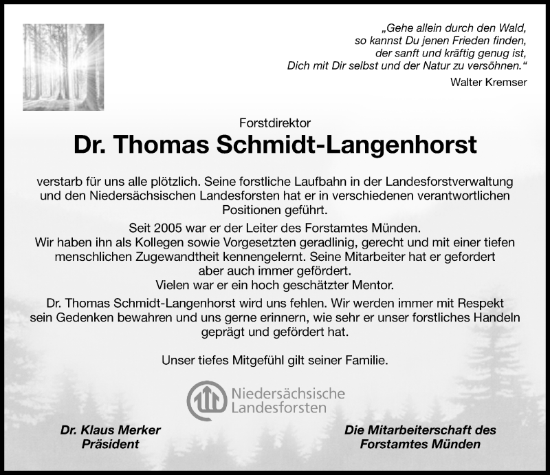  Traueranzeige für Thomas Schmidt-Langenhorst vom 15.01.2022 aus Göttinger Tageblatt