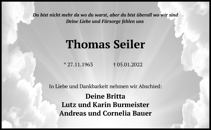 Traueranzeige für Thomas Seiler vom 11.01.2022 aus Märkischen Allgemeine Zeitung