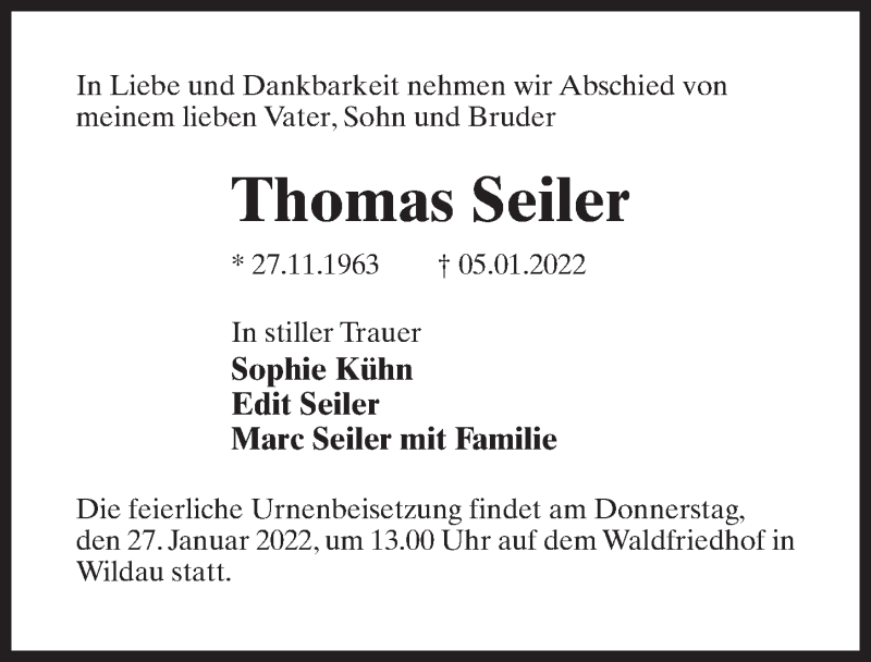  Traueranzeige für Thomas Seiler vom 08.01.2022 aus Märkischen Allgemeine Zeitung