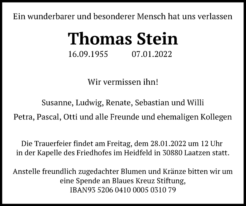  Traueranzeige für Thomas Stein vom 22.01.2022 aus Hannoversche Allgemeine Zeitung/Neue Presse