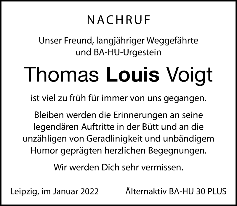  Traueranzeige für Thomas Louis Voigt vom 29.01.2022 aus Leipziger Volkszeitung