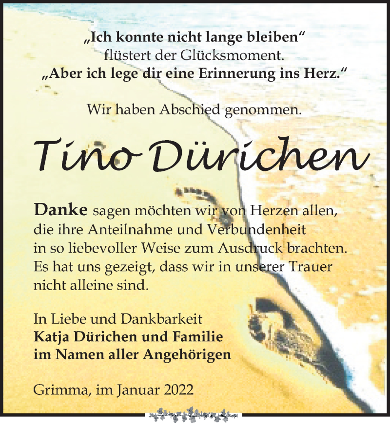  Traueranzeige für Tino Dürichen vom 29.01.2022 aus Leipziger Volkszeitung