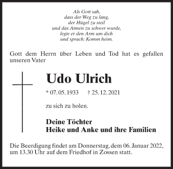 Traueranzeige von Udo Ulrich von Märkischen Allgemeine Zeitung