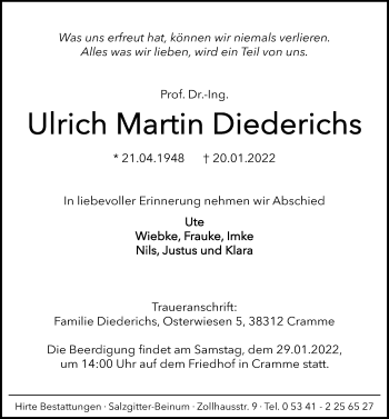 Traueranzeige von Ulrich Martin Diederichs von Ostsee-Zeitung GmbH