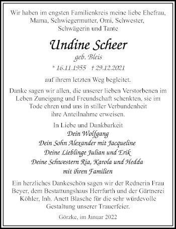 Traueranzeige von Undine Scheer von Märkischen Allgemeine Zeitung