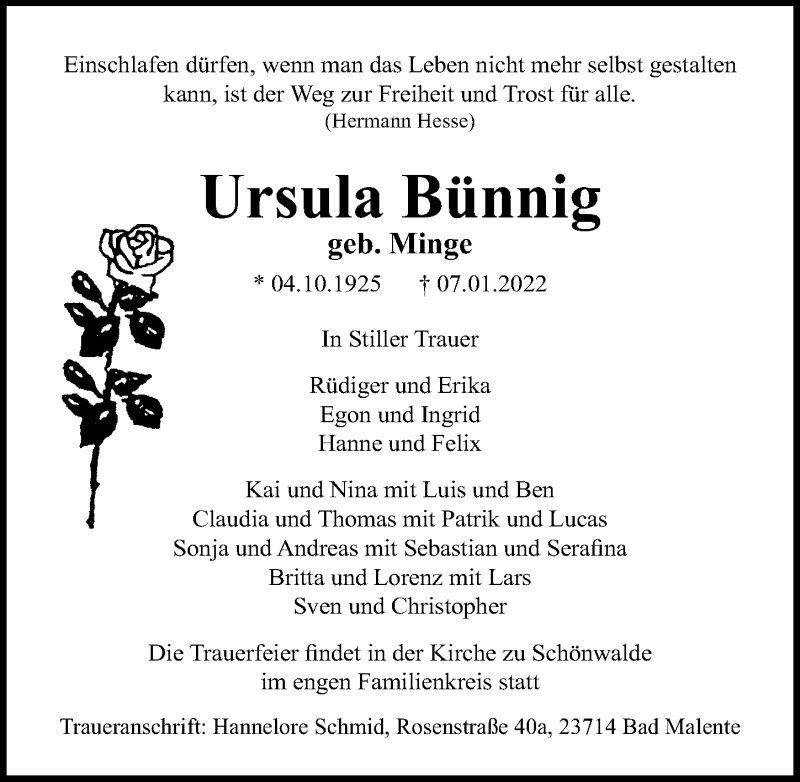  Traueranzeige für Ursula Bünnig vom 15.01.2022 aus Lübecker Nachrichten