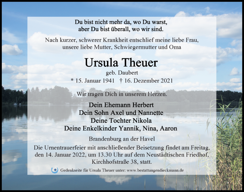  Traueranzeige für Ursula Theuer vom 24.12.2021 aus Märkischen Allgemeine Zeitung