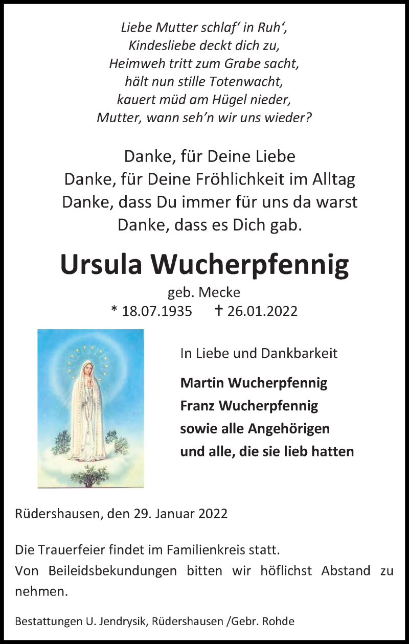  Traueranzeige für Ursula Wucherpfennig vom 29.01.2022 aus Eichsfelder Tageblatt