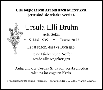 Traueranzeige von Ursula Elli Bruhn von Lübecker Nachrichten