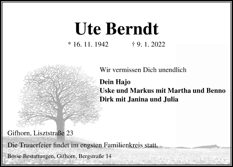  Traueranzeige für Ute Berndt vom 12.01.2022 aus Aller Zeitung