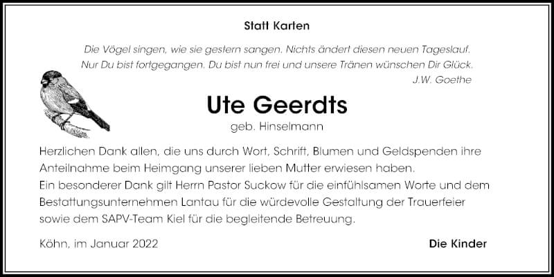  Traueranzeige für Ute Geerdts vom 22.01.2022 aus Kieler Nachrichten