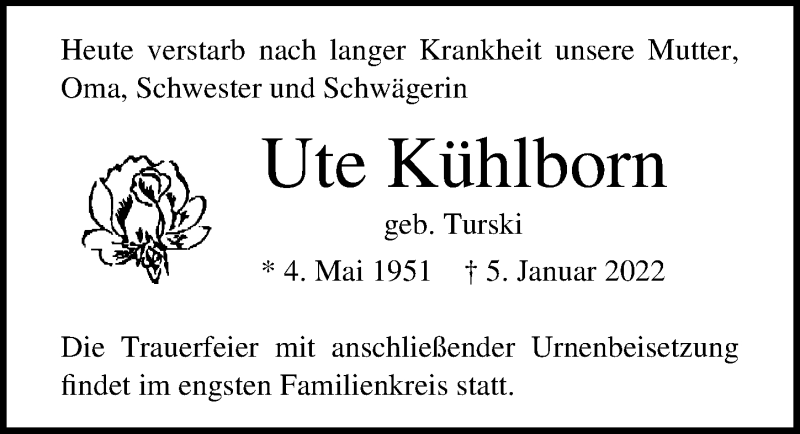  Traueranzeige für Ute Kühlborn vom 08.01.2022 aus Ostsee-Zeitung GmbH