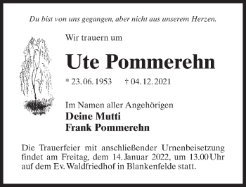 Traueranzeige von Ute Pommerehn von Märkischen Allgemeine Zeitung