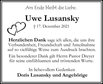 Traueranzeige von Uwe Lusansky von Peiner Allgemeine Zeitung