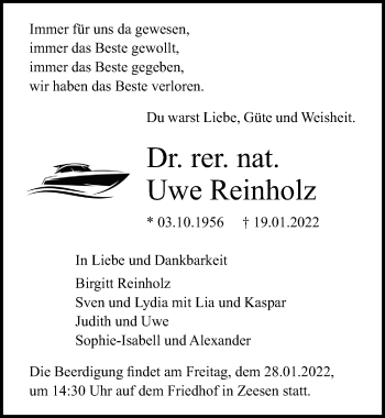 Traueranzeige von Uwe Reinholz von Märkischen Allgemeine Zeitung