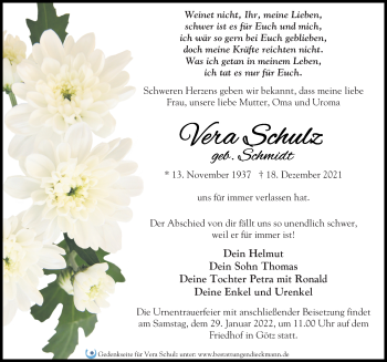 Traueranzeige von Vera Schulz von Märkischen Allgemeine Zeitung