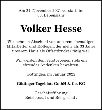 Traueranzeige von Volker Hesse von Göttinger Tageblatt