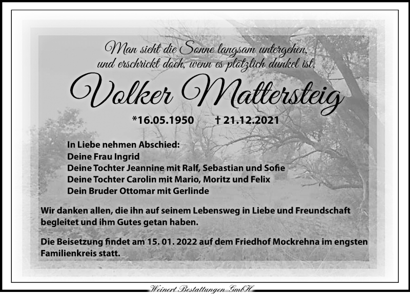  Traueranzeige für Volker Mattersteig vom 08.01.2022 aus Torgauer Zeitung