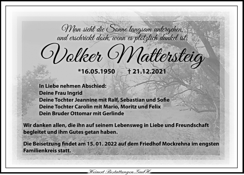  Traueranzeige für Volker Mattersteig vom 08.01.2022 aus Leipziger Volkszeitung
