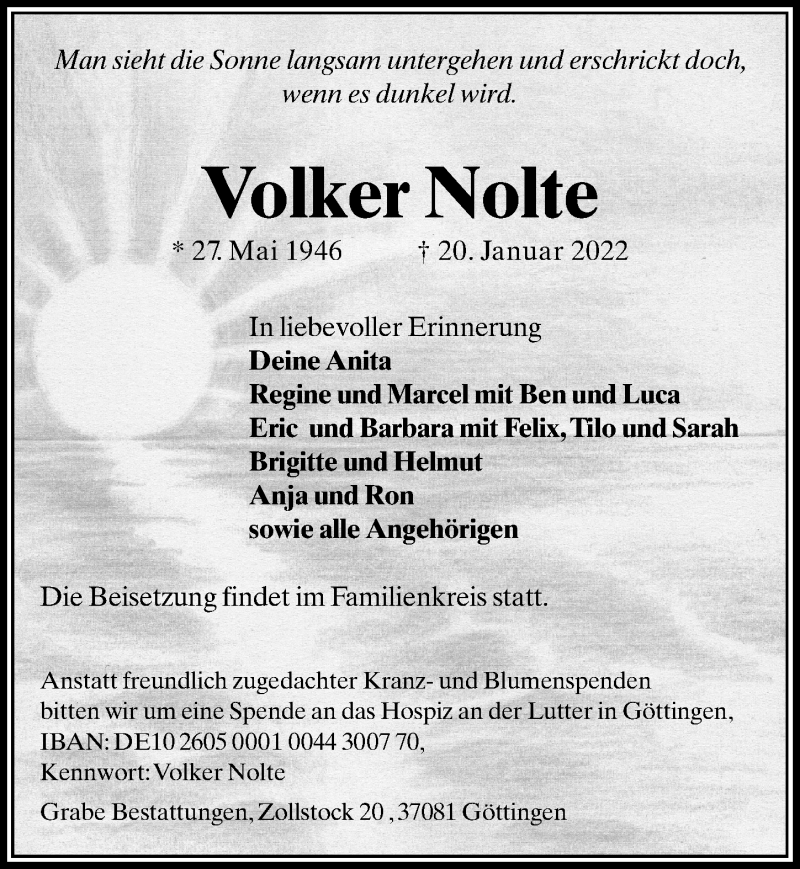  Traueranzeige für Volker Nolte vom 22.01.2022 aus Göttinger Tageblatt