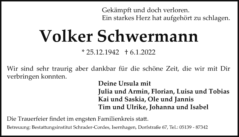  Traueranzeige für Volker Schwermann vom 08.01.2022 aus Hannoversche Allgemeine Zeitung/Neue Presse