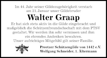 Traueranzeige von Walter Graap von Kieler Nachrichten