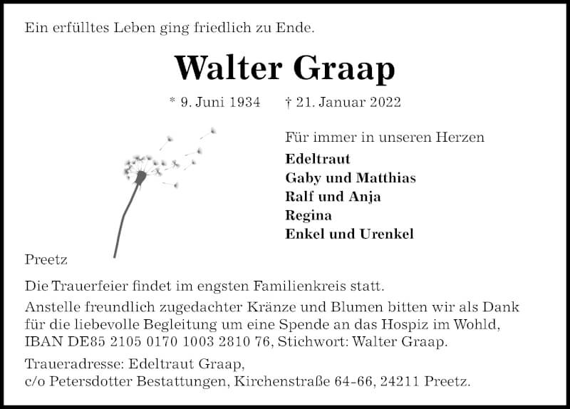  Traueranzeige für Walter Graap vom 29.01.2022 aus Kieler Nachrichten