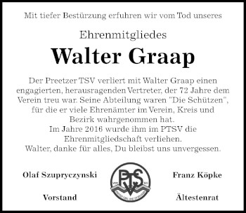 Traueranzeige von Walter Graap von Kieler Nachrichten