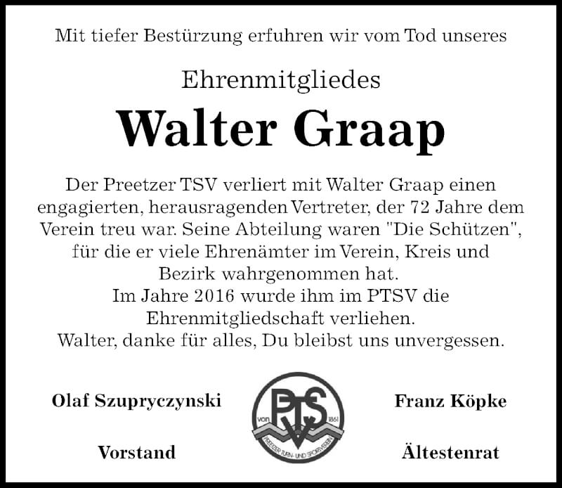  Traueranzeige für Walter Graap vom 29.01.2022 aus Kieler Nachrichten