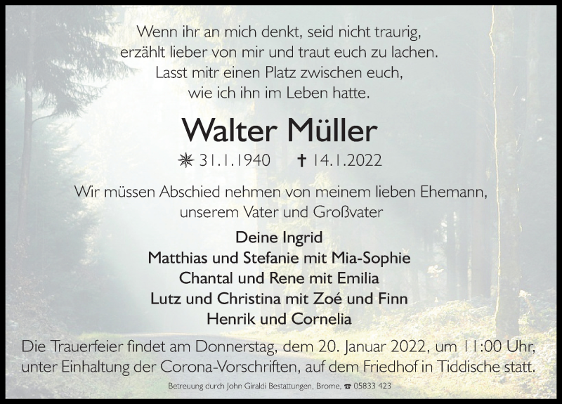  Traueranzeige für Walter Müller vom 18.01.2022 aus Aller Zeitung