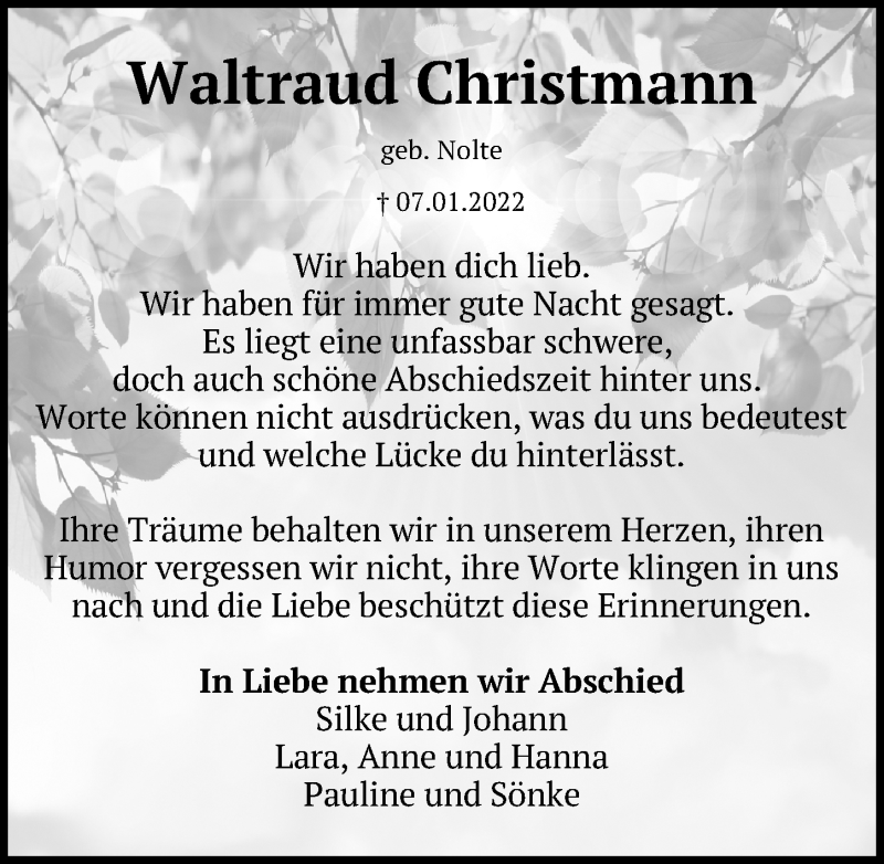  Traueranzeige für Waltraud Christmann vom 08.01.2022 aus Göttinger Tageblatt