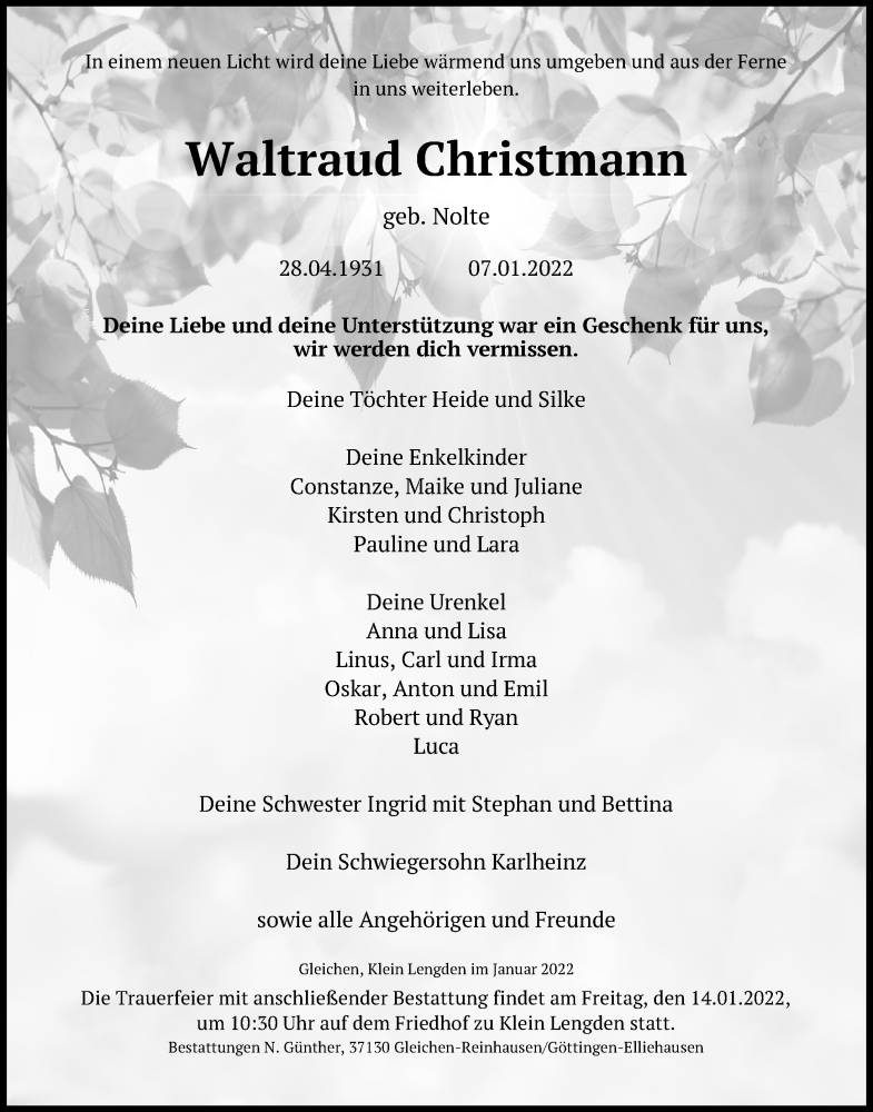  Traueranzeige für Waltraud Christmann vom 08.01.2022 aus Göttinger Tageblatt