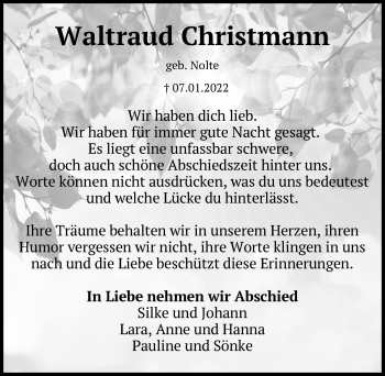 Traueranzeige von Waltraud Christmann von Göttinger Tageblatt