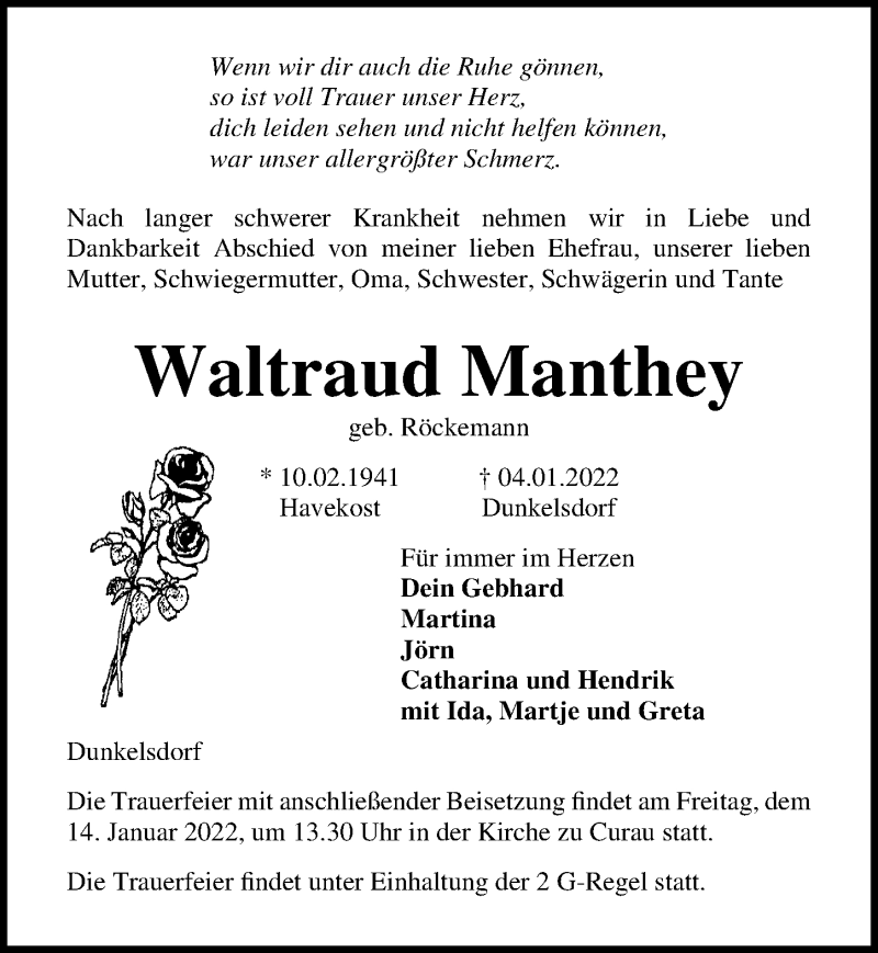  Traueranzeige für Waltraud Manthey vom 08.01.2022 aus Lübecker Nachrichten