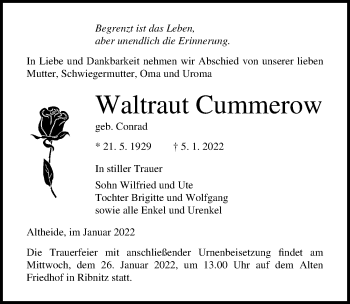 Traueranzeige von Waltraut Cummerow von Ostsee-Zeitung GmbH