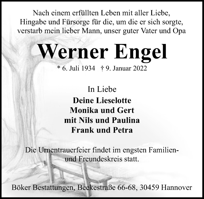  Traueranzeige für Werner Engel vom 15.01.2022 aus Hannoversche Allgemeine Zeitung/Neue Presse