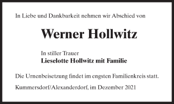 Traueranzeige von Werner Hollwitz von Märkischen Allgemeine Zeitung