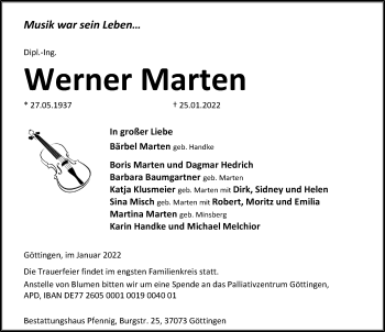 Traueranzeige von Werner Marten von Göttinger Tageblatt