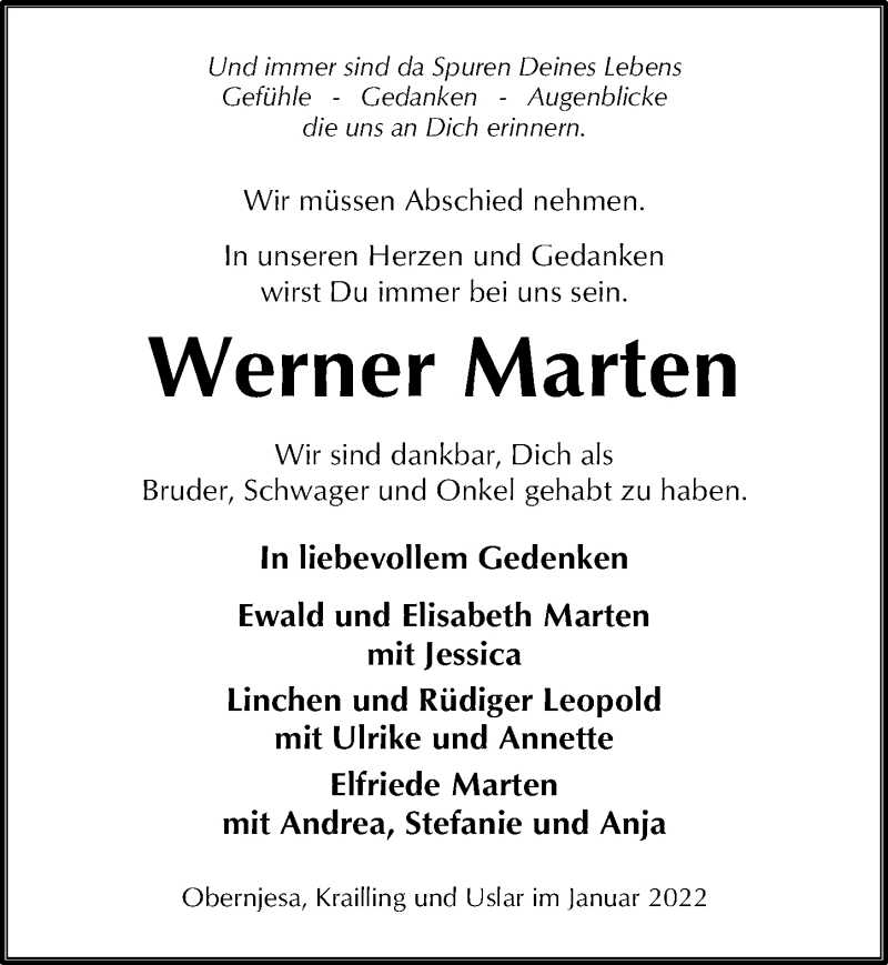  Traueranzeige für Werner Marten vom 29.01.2022 aus Göttinger Tageblatt