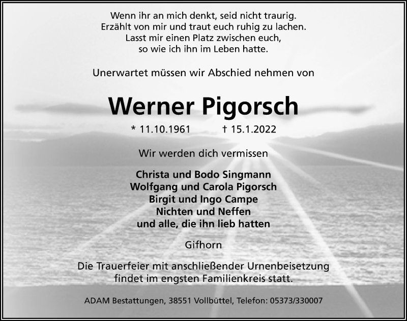  Traueranzeige für Werner Pigorsch vom 22.01.2022 aus Aller Zeitung