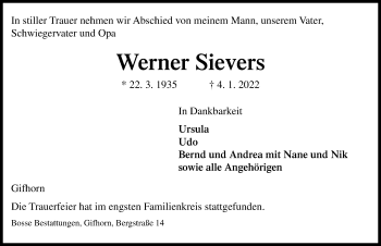 Traueranzeige von Werner Sievers von Aller Zeitung